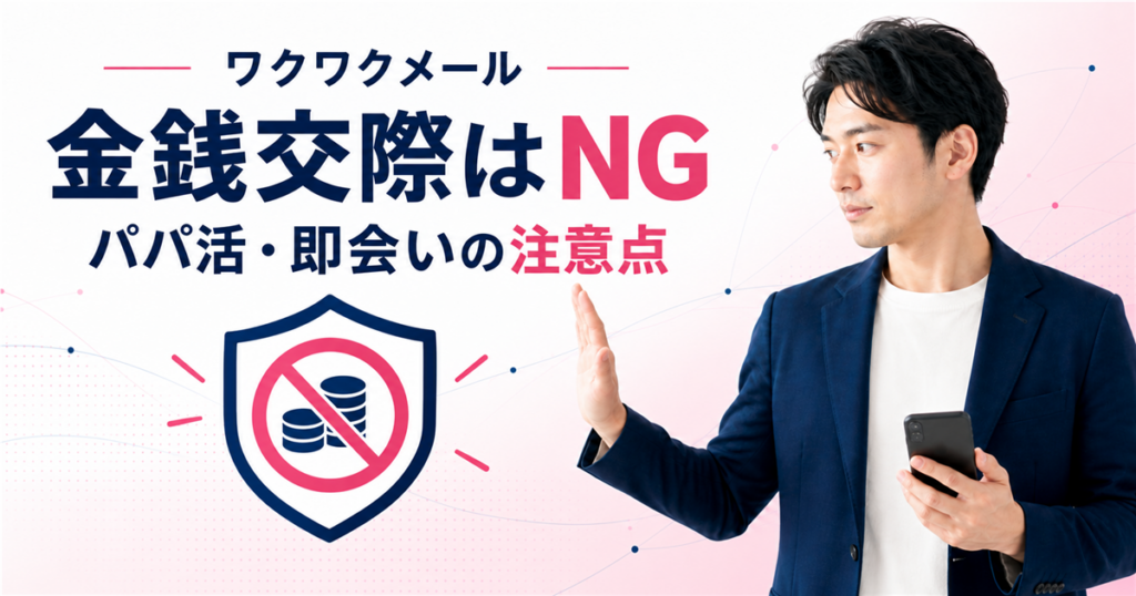 ワクワクメールでは金銭交際は禁止されパパ活や即会いの利用目的を確認する必要があると示すアイキャッチ