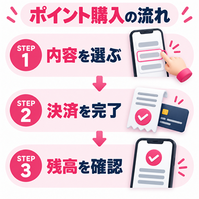 ポイント購入内容の選択、決済完了、残高確認の3段階を示す図