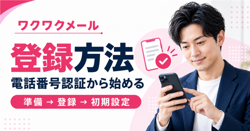 ワクワクメールの登録方法を電話番号認証と初期設定の順に案内するアイキャッチ