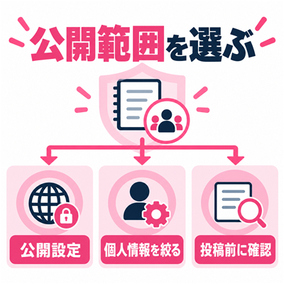日記の公開設定と個人情報を投稿前に確認するチェック図