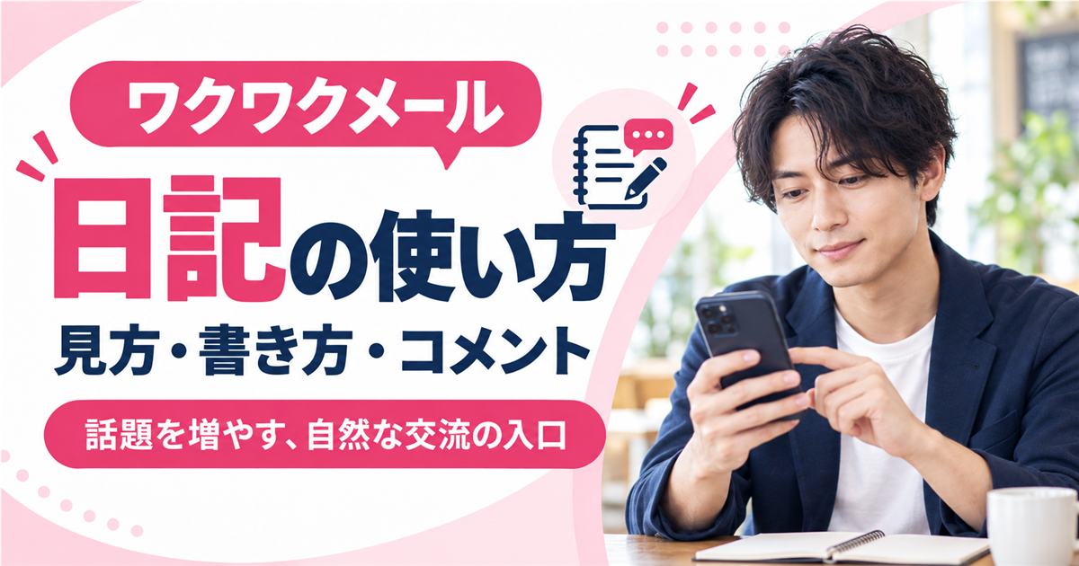 ワクワクメールの日記の読み方と書き方をスマートフォンで確認する男性
