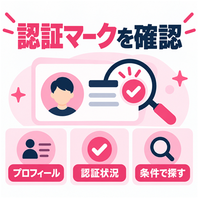 募集やプロフィール検索でセルフィー認証状況を確かめる図解