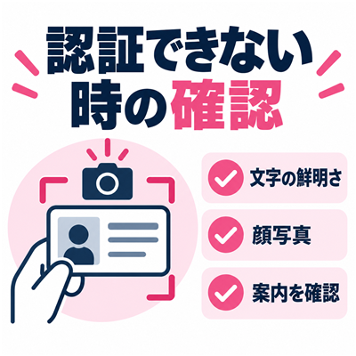 書類の鮮明さと顔写真と公式案内を確認してセルフィー認証の問題に対処する図解