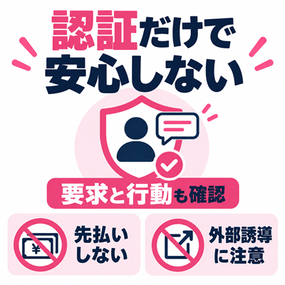 セルフィー認証だけで安心せず先払いと外部誘導を警戒する図解