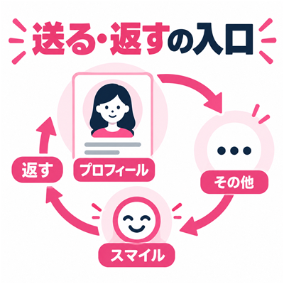 プロフィールのその他からスマイルを送り受け取ったページから返す流れ