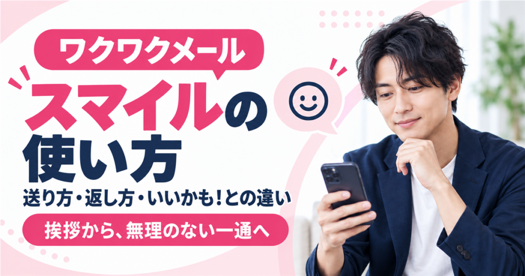 ワクワクメールのスマイルの送り方といいかもとの違いをスマートフォンで確認する男性
